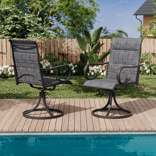 Patio Swivel Chair Set of 2, High Back Padded Textilene Outdoor Dining Chairs with E-Coating Metal Frame, All-Weather Outdoor Furniture Rocker for Backyard, Porch, Garden, Lawn, Grey