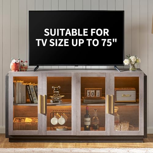 Sideboard Buffet Cabinet with Storage,64" Cabinet with Glass Door, Modern Wood Glass-Buffet Cabinet for Dinning Room,Kitchen, Hallway, and Living Room, Grey & Black