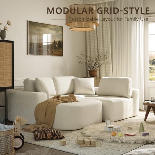 107'' Modular Sectional Sofa Couch with Chaise, No Assembly Required, Modern Bouclé-Inspired Upholstery, Convertible L-Shaped Design for Living Room – Ivory Beige