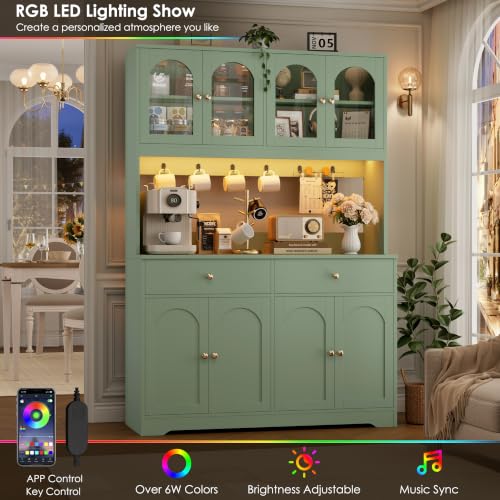 71" LED Kitchen Pantry Cabinet with Power Outlet, Tall Hutch, Green, view 5
