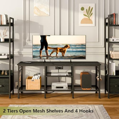 TV Stand with Power Outlets, Entertainment Center with Open Storage Shelves for TVs up to 55 Inch, Media Console Table with Soundbar Shelf for Living Room, Bedroom, Black Oak