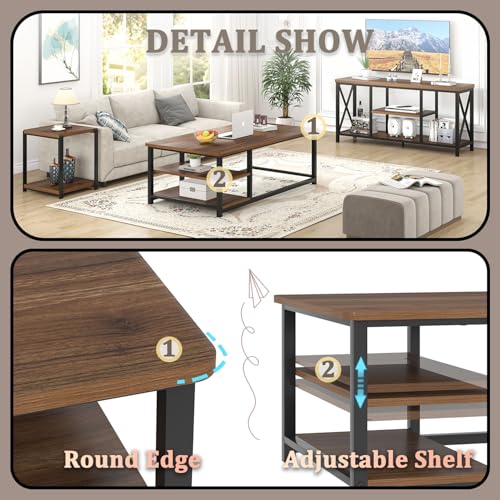 Modern Coffee Table, Rustic Wood and Metal Center Table for Living Room, Industrial Rectangle Cocktail Tea Table with Storage Shelf, Walnut, 47 Inch