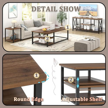 Modern Coffee Table, Rustic Wood and Metal Center Table for Living Room, Industrial Rectangle Cocktail Tea Table with Storage Shelf, Walnut, 47 Inch