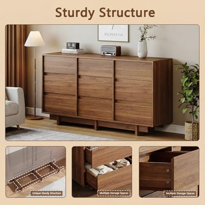 Walnut Dresser for Bedroom, 59in Modern 9 Drawer Chest of Drawers, view 4