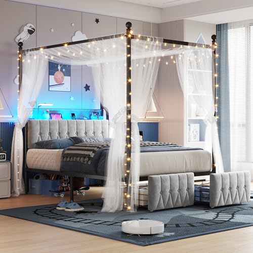 Full Canopy Bed Frame with Drawers and LED Lights & Charging,Grey, view 2