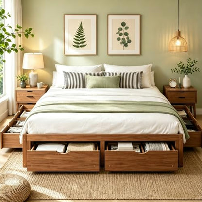 King Size Platform Bed with 6 Storage Drawers, Solid Pine Wood Storage Bed Frame, view 2