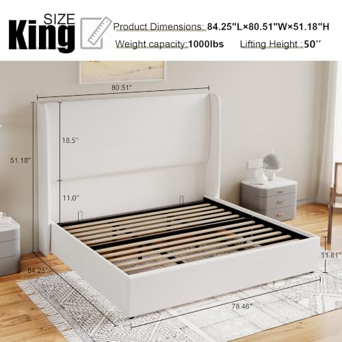 King Lift Up Storage Bed Frame, Linen Wingback Headboard, White, view 3