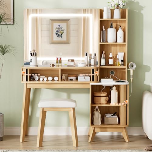 Fluted Makeup Vanity Desk with Mirror and Lights, view 5