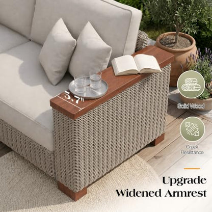 6-Piece Wicker Patio Furniture Set with Solid Wood Armrest, Outdoor Patio Set with Thick Legs, UV-Resistant Modular Outdoor Sectional Sofa for Backyard, Porch, Garden