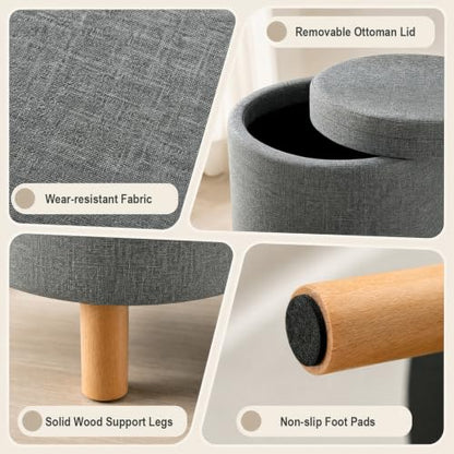 Round Storage Ottoman with Tray, Accent Storage Footstool, Gray, view 8
