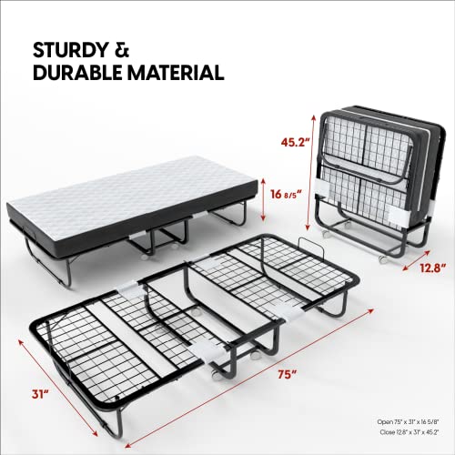 Folding Bed with Mattress - 75x31 Cot Size Frame - Portable Rollaway Guest Bed with 5-inch Memory Foam Mattress - Space-Saving Foldable Design for Easy Storage (31 Inch)