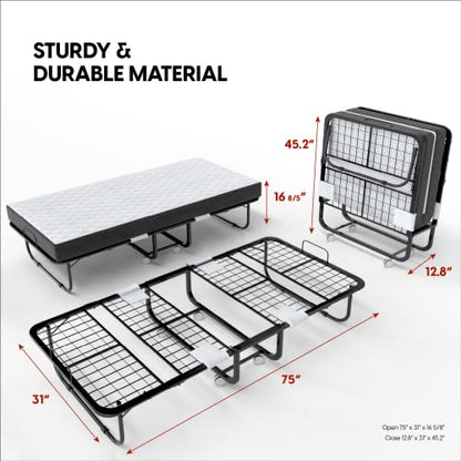 Folding Bed with Mattress - 75x31 Cot Size Frame - Portable Rollaway Guest Bed with 5-inch Memory Foam Mattress - Space-Saving Foldable Design for Easy Storage (31 Inch)