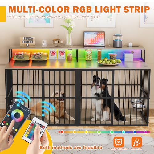72" Double Dog Crate Furniture with LED Light and Power Outlets, view 7