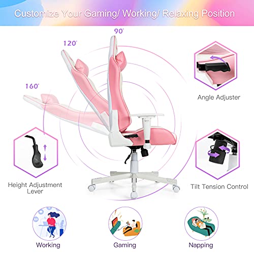 Gaming Chair, Pink Ergonomic High Back Computer Chair with Headrest & Lumbar Support, Racing Style Desk Task Rolling Chair for Home Office Gaming Working Studying