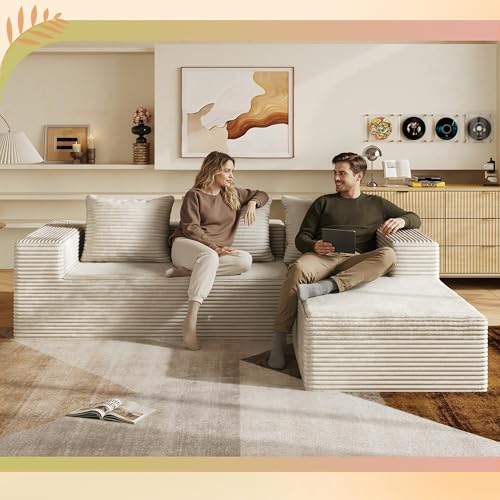 104'' Cloud Sectional Couches for Living Room, Modular Boneless Couch with Left Facing Chaise, L Shape Memory Foam Corduroy, with Cushion, Beige