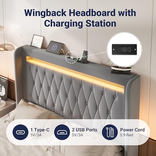 Queen Size Upholstered Bed Frame with LED & Charging Station, Gray, view 4