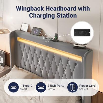 Queen Size Upholstered Bed Frame with LED & Charging Station, Gray, view 4