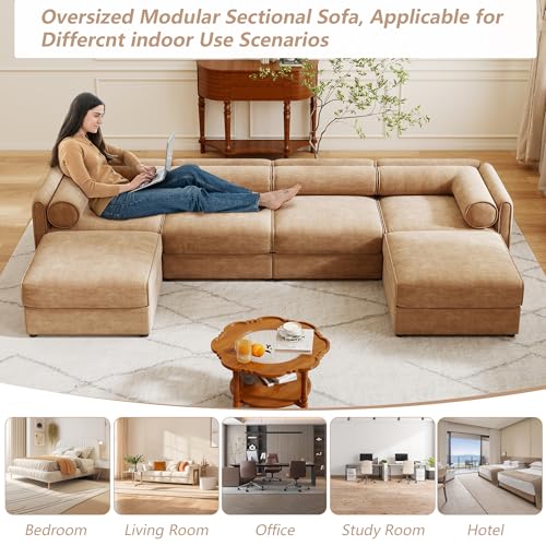 Oversized Modular Sectional Sofa, 142.5" Chenille U-Shaped Sofa with Cylindrical Backrest & Armrest, Modern Comfy 4-Seat Sofa with 2 Ottoman, Upholstered Deep Seat Couch for Living Room, Camel