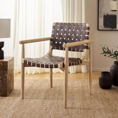 SAFAVIEH Home Collection Dionne Natural Sungkai Solid Wood/Cognac Brown Leather Woven Accent Chair (Fully Assembled)