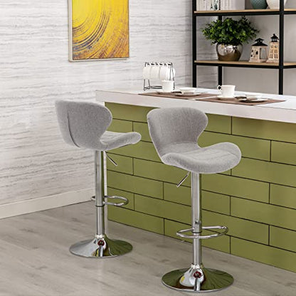 Fabric Adjustable Bar Stools, Swivel Airlift Barstools with Back, Upholstered Armless Counter Height Chairs for Kitchen Dining Pub Cafe Set of 2 (Grey)