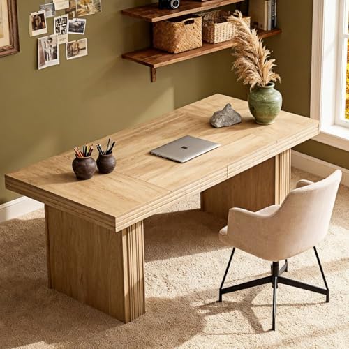 Tribesigns Modern Office Desk, Home Office Table with Wide Fluted Legs, Modern Desk for Home Office, Natural