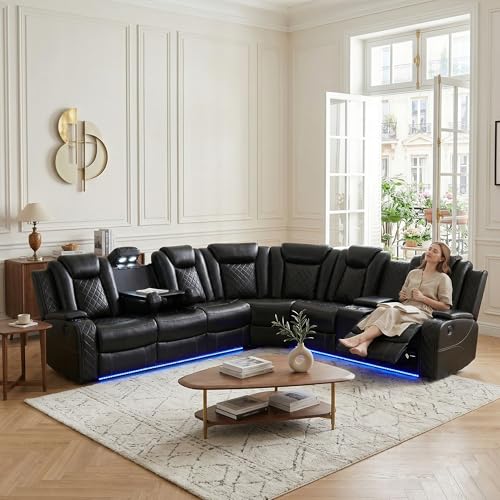 Power Reclining Sectional Sofa, Black Leather Recliner Corner Couch, Air Leather Sectional Living Room Funiture Set LED Lights/USB Port/Cup Holder for Living Room/Apartment/Office
