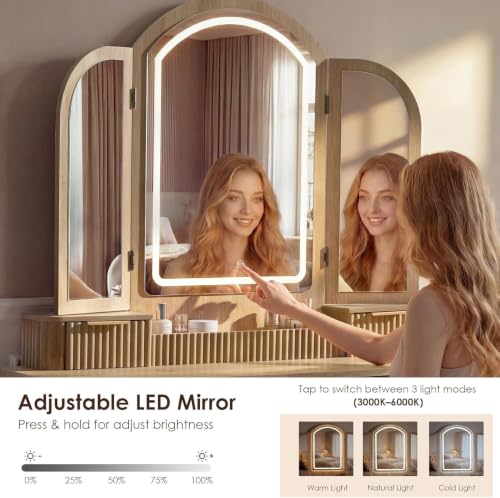 Vanity Desk with Trifold Mirrors, 52.76” Wide Makeup Vanity Table, Oak, view 6