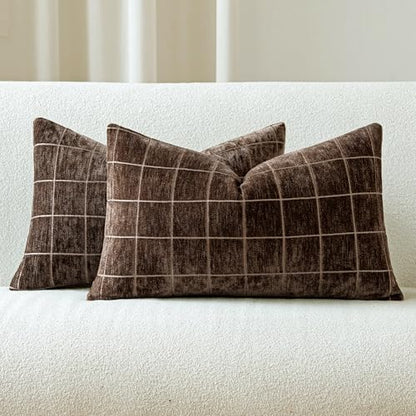 Decorative Chenille Plaid Fall Throw Pillow Covers Brown 12x20 Set of 2