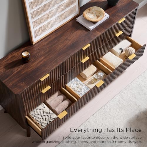 63" Wide Fluted 9 Drawer Dresser for Bedroom, Dark Walnut, view 7