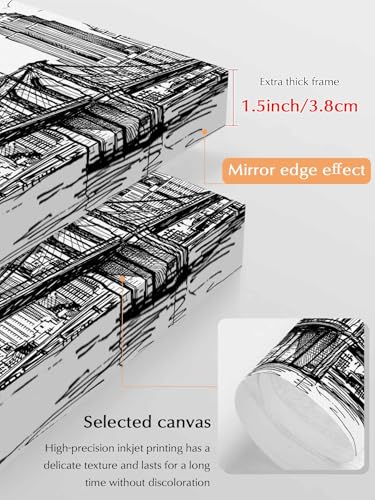 NuYeBiofx Modern Bridge Building Sketch Canvas Wall Art Prints,48"x32" Framed Picture Artwork Monochrome Architecture Art Printed Canvas Oil Painting for Living Room Bedroom Office,Ready to Hang