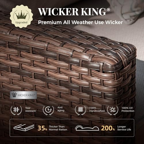 Patio Furniture Set, 8 Pcs Wicker Rattan Outdoor Conversation Set, 4 x Leg Chairs, 1 x 3 Seater Sofa and 2 x Ottoman with 4" Thick Cushion and 56" Fire Pit Table, Beige