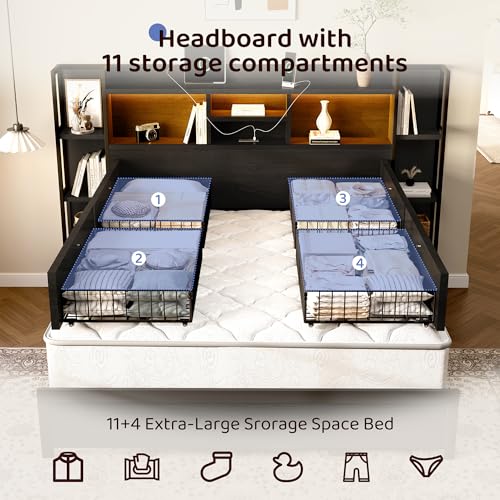 King Size Bed Frame with 4 Storage Drawers and Headboard Featuring Shelf Storage, view 4
