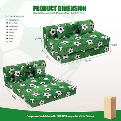 59" Convertible Sofa Bed with High Backrest & Washable Cover, Compression Boneless Couch in a Box, Sectional Loveseat Floor Sleeper Sofa for Bedroom, Living Room, World Cup, Football Green