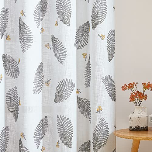 Floral Sheer Curtains - Linen Textured, Leaves Print Embroidery Boho Curtains Grommet Top Durable View Through for Teens Bedroom, Kitchen, Living Room, W 50" x L 84", 2 Panels, White