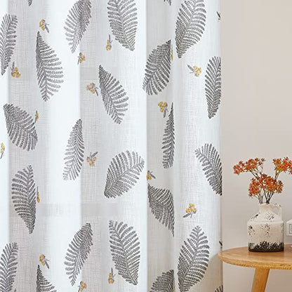 Floral Sheer Curtains - Linen Textured, Leaves Print Embroidery Boho Curtains Grommet Top Durable View Through for Teens Bedroom, Kitchen, Living Room, W 50" x L 84", 2 Panels, White