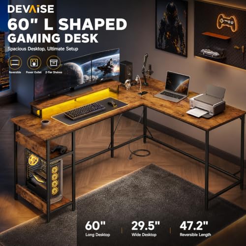 60 Inch L Shaped Gaming Desk with LED Lights, Rustic Brown, view 7