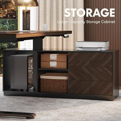 FLEXISPOT 55" L Shaped Standing Desk with Storage & CPU Holder, Dual Motor Height Adjustable Executive Desk, 222 LBS Capacity, 1" Thick Desktop for Home Office, Black Walnut, 3 Packages