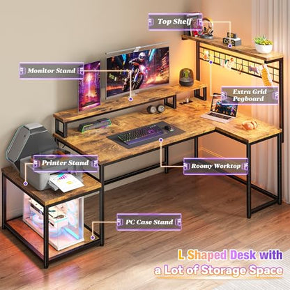 63" L Shaped Home Office Desk with Power Outlets & LED Lights, Monitor Stand + Printer Stand, Reversible Ergonomic Corner Computer Desk with Storage,Office, Bedroom,Rustic Brown
