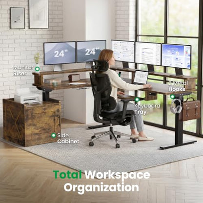 63x55 L-Shaped Standing Desk with Storage Cabinet & Monitor Shelf, view 3
