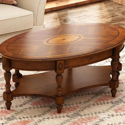 Traditional Wood Oval Coffee Table with Drawer, Beewax Tone | 2-Tier Living Room Cocktail Table with Storage Shelf, Wooden Center Table with Carvings Legs, 44.9"Wx29.9"Dx18.2"H Tea Table
