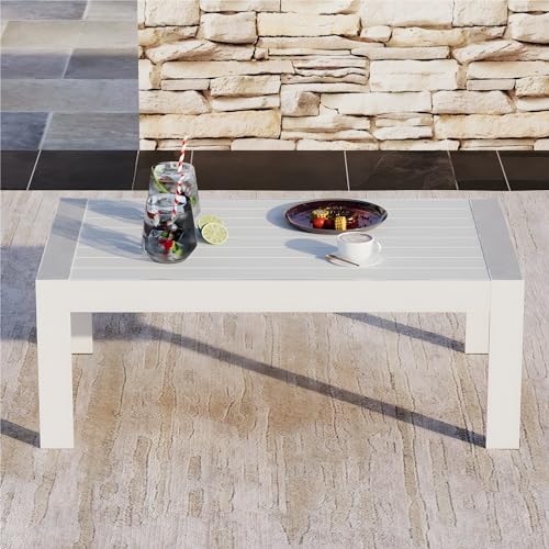 Aluminum Outdoor Coffee Table, All-Weather Rectangle Metal Patio Coffee Table Furniture for Balcony, Garden, Indoor or Outdoor Use, White