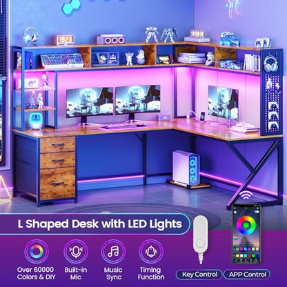 L Shaped Desk with Hutch and 3 Drawers, Convertible 94.5" Computer Desk with File Drawer, L Shaped Office Desk with Power Outlet, LED Lights, Storage and Pegboard for Home Office, Brown