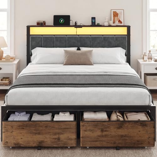 Queen Size Bed Frame with Upholstered Headboard and 2 Fabric Drawers, view 2