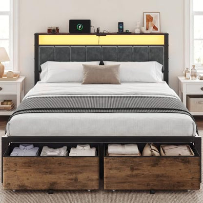 Queen Size Bed Frame with Upholstered Headboard and 2 Fabric Drawers, view 2