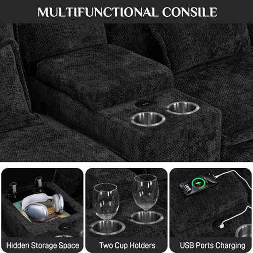 U Shaped Cloud Sectional Couch, 132" Fluffy Modular Sofa Set with Double Chaise Lounge Central Console & USB Port, Comfy Chenille Big Sectional Couches for Living Room, Dark Black