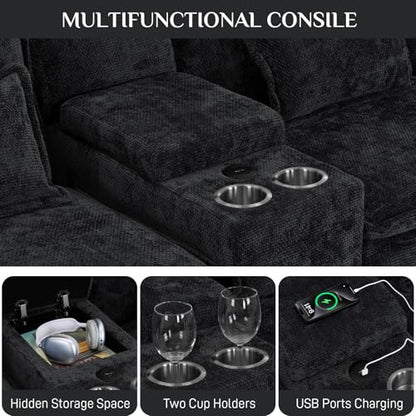 U Shaped Cloud Sectional Couch, 132" Fluffy Modular Sofa Set with Double Chaise Lounge Central Console & USB Port, Comfy Chenille Big Sectional Couches for Living Room, Dark Black