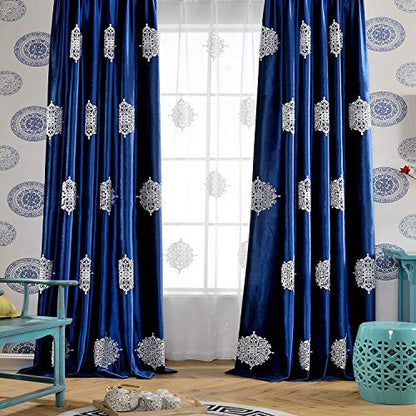 Blackout Curtains 84 Inches Long for Bedroom, White Flowers Embroidered Room Darkening Window Drapes for Living Room, 52x84, 2 Panels, Dark Blue