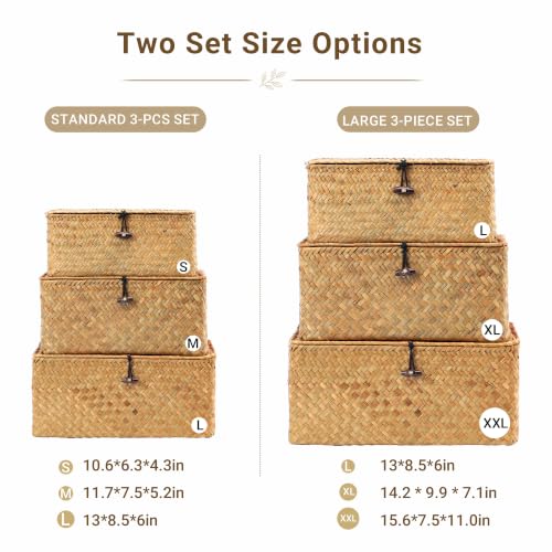 Wicker Storage Basket with Lid,Seagrass Shelf Basket Set of 3,Natural, view 5