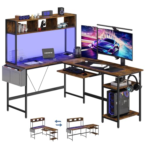 67" L Shaped Gaming Desk, Corner Desk for Compact Spaces with Keyboard Tray & Storage Shelf,Reversible Computer Desk with LED Lighting,Metal Frame PC Gaming Table for Home Office Bedroom,Rustic