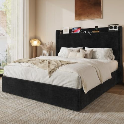 Queen Bed Frame with Chenille Storage Headboard and USB, Black, view 4